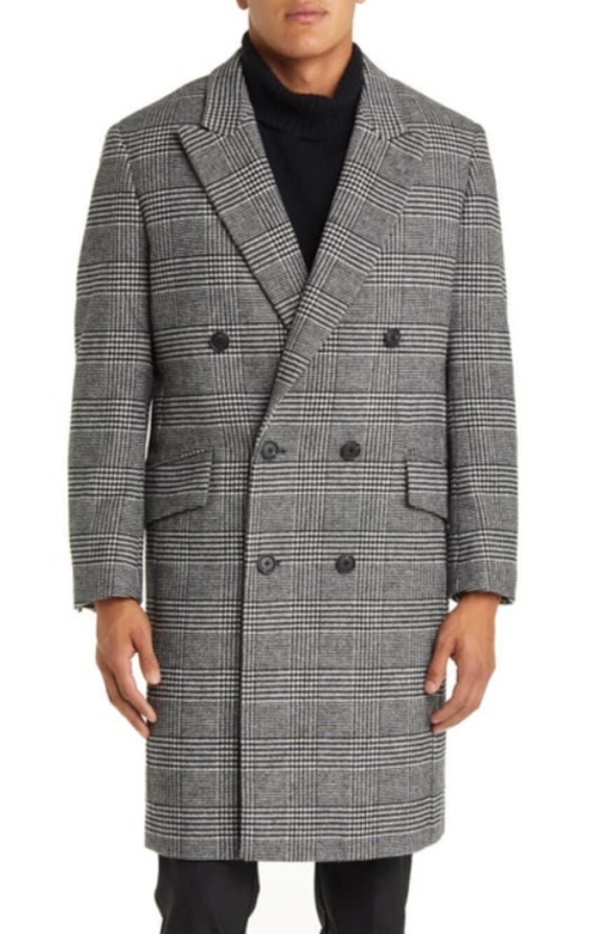 NORDSTROM Mens Overcoat Medium Black White City Glenn Plaid Wool Blend NWT